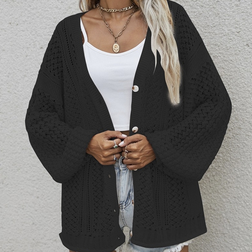 Women's Black Knit Cardigan Sweater-Openwork Button Front Cardigan
